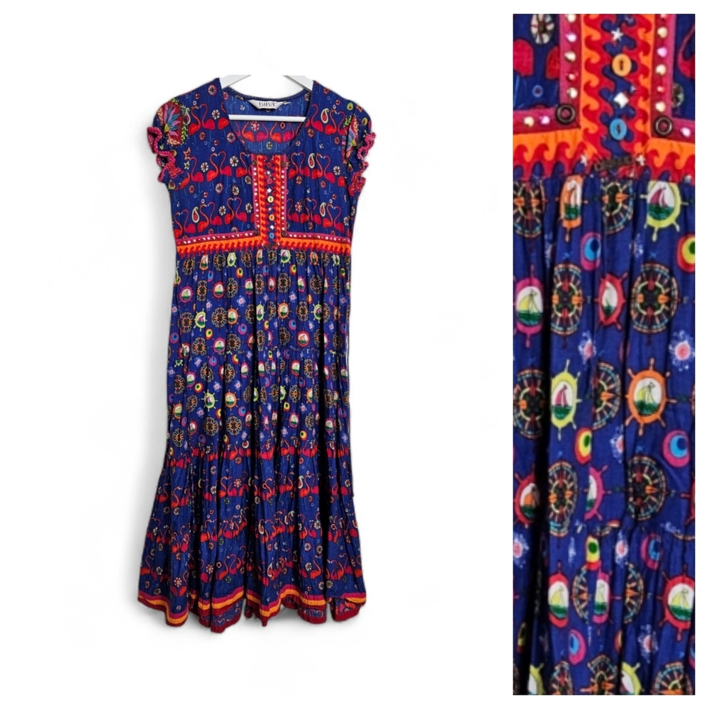 Biba Blue Boho Maxi Dress Flamingo Floral Tiered Festival Ethnic L